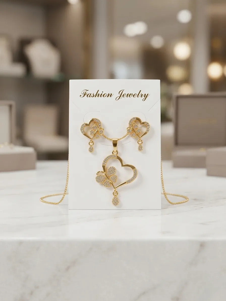 Golden Heart Pendant Earrings Set for Women