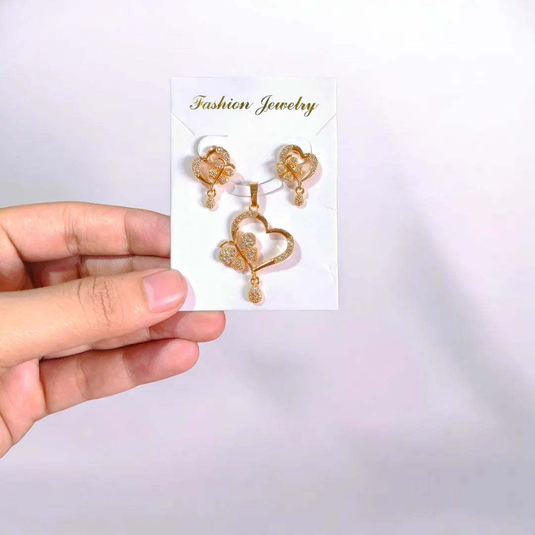 Golden Heart Pendant Earrings Set for Women
