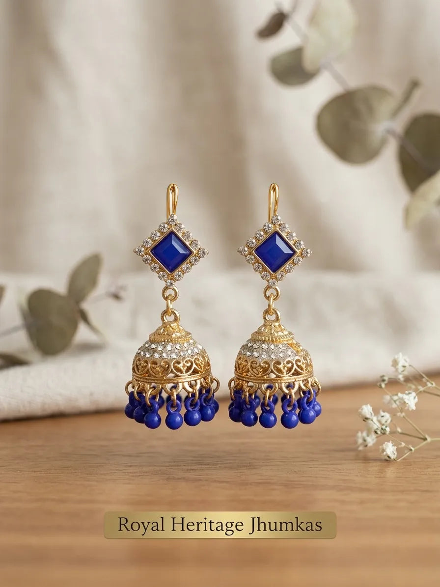 Gold Plated Blue Crystal Jhumka Earrings for Women