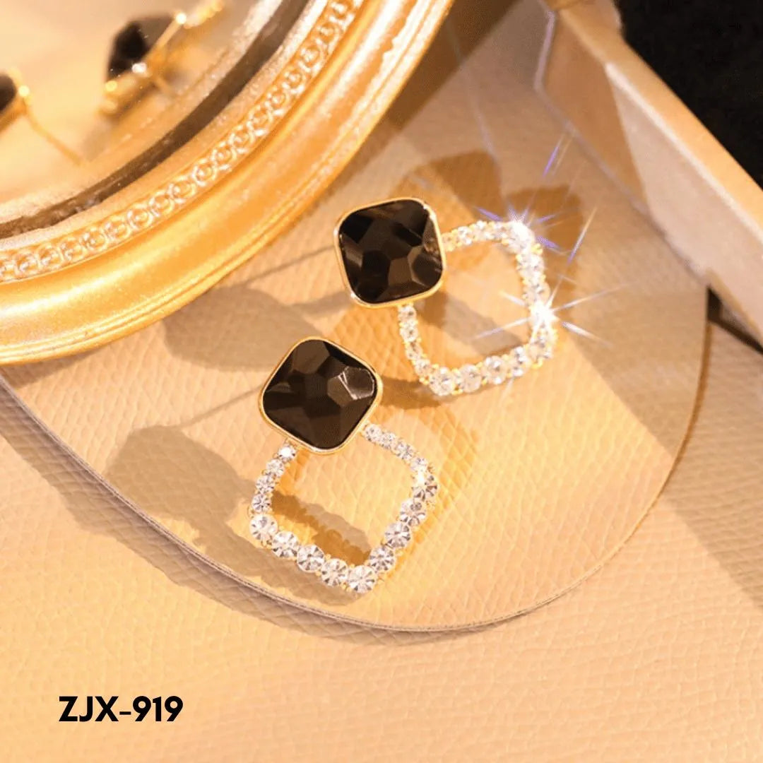Black Square Stone Earrings with Crystal Halo for Women