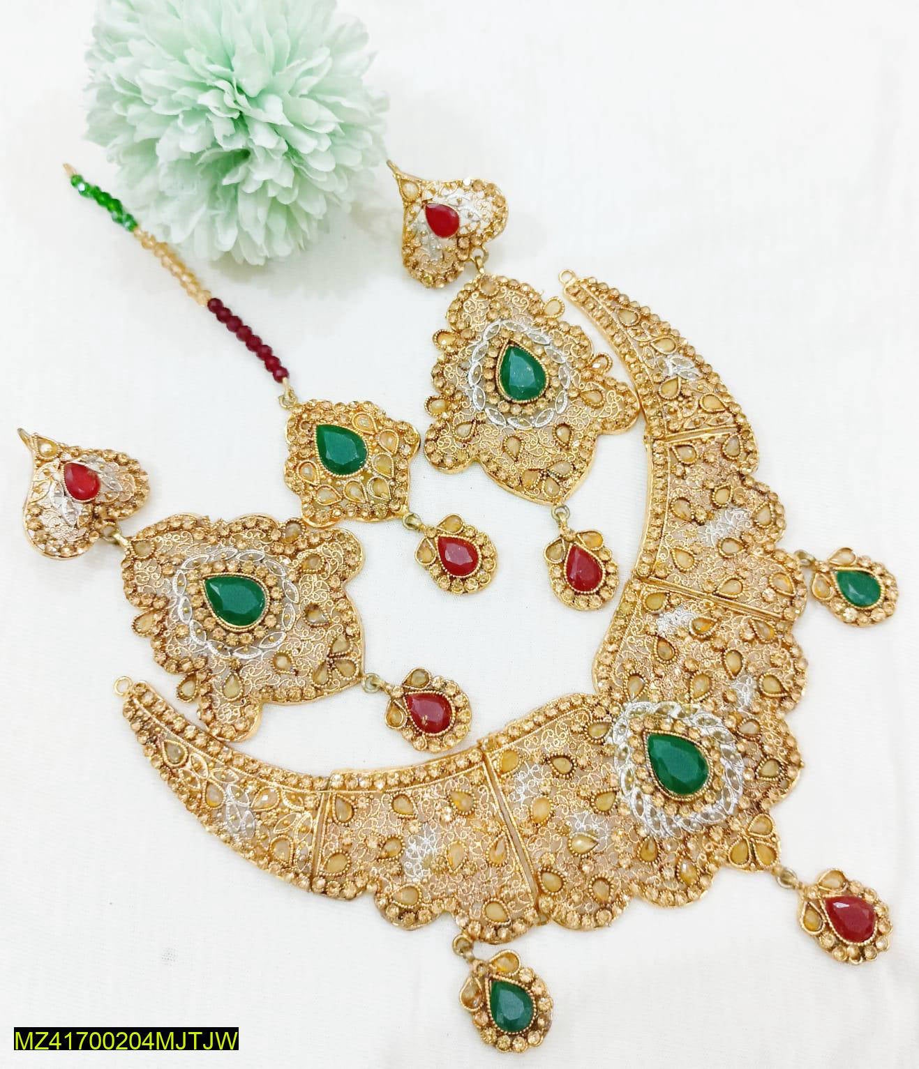 Golden Jhumka Earrings & Necklace Set with Green Red Gemstones