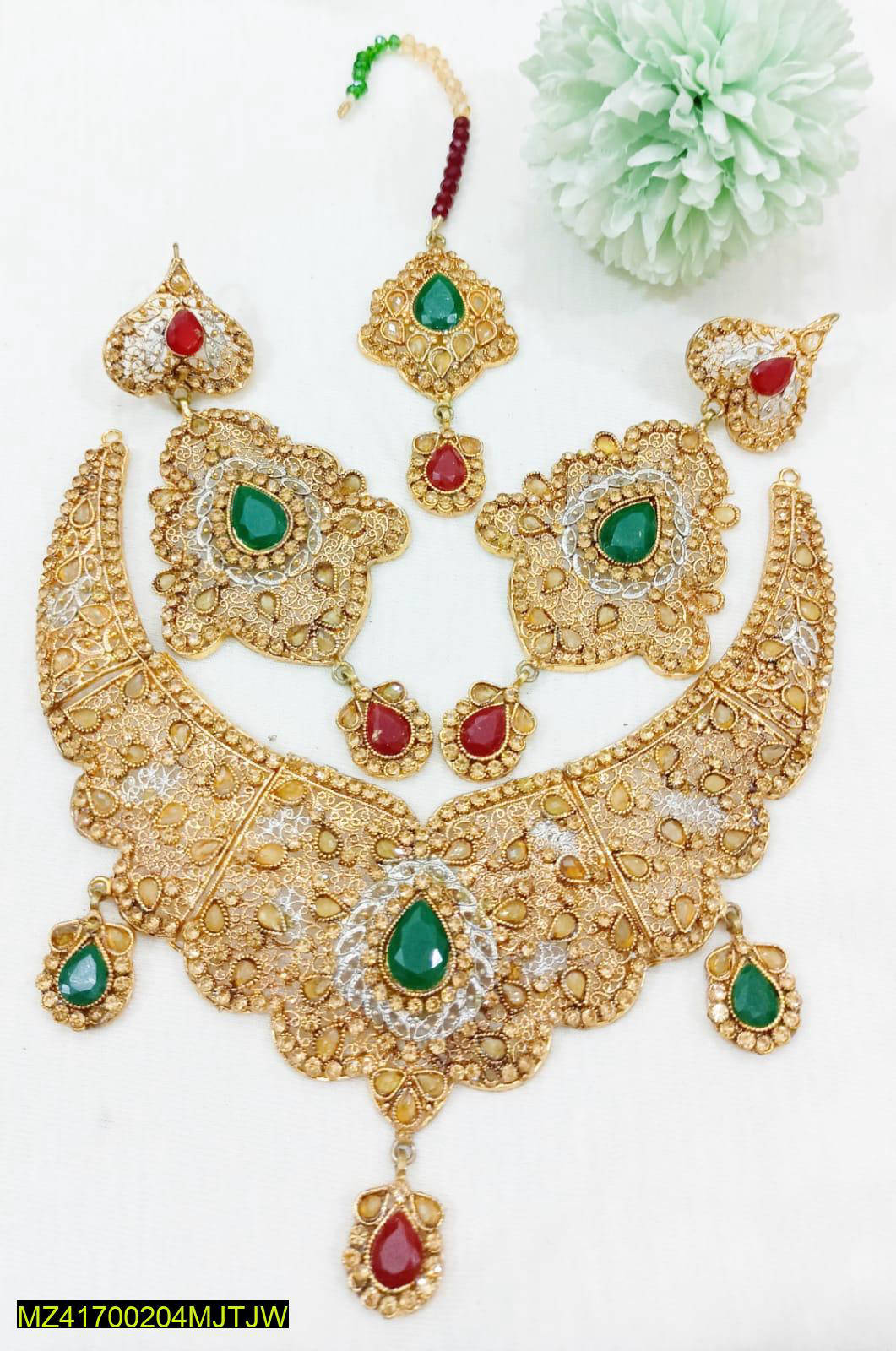 Golden Jhumka Earrings & Necklace Set with Green Red Gemstones