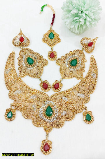 Golden Jhumka Earrings & Necklace Set with Green Red Gemstones