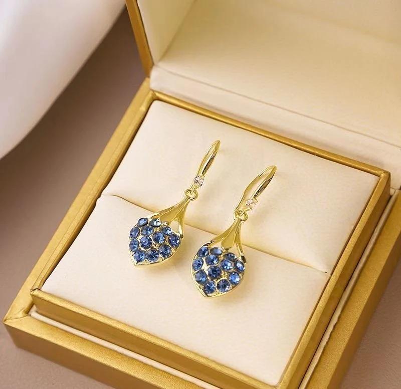 Blue Crystal Drop Earrings Gold Tone Pakistani Women