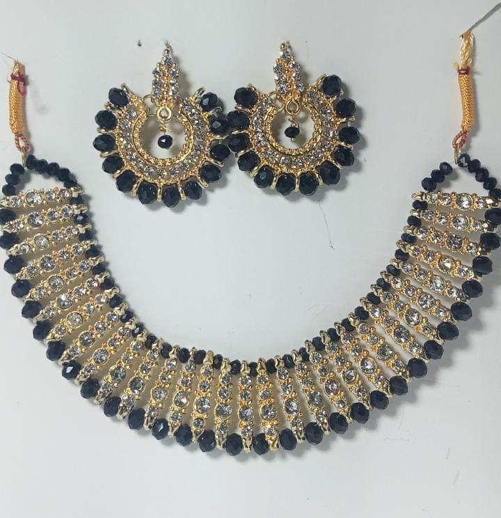 Gold Plated Black Crystal Chocker Set for Weddings & Parties