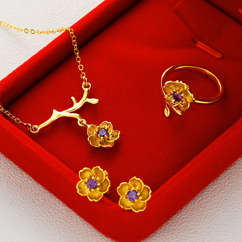 Women Gold-Plated Daisy Jewelry Set Necklace Ring Earrings
