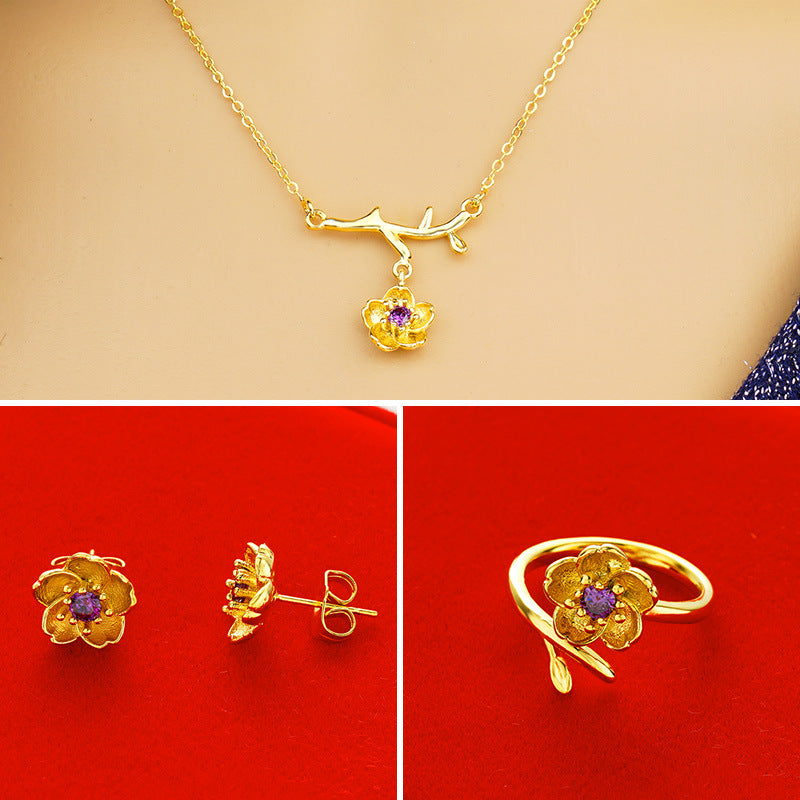 Women Gold-Plated Daisy Jewelry Set Necklace Ring Earrings