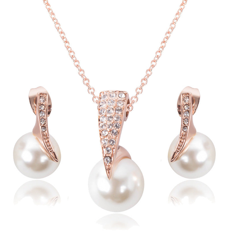 Rose Gold Pearl & Diamond Bridal Necklace Set