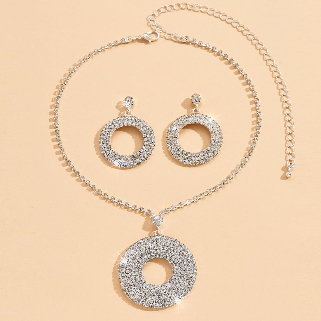 Silver Circle Pendant & Earrings Set with Diamonds